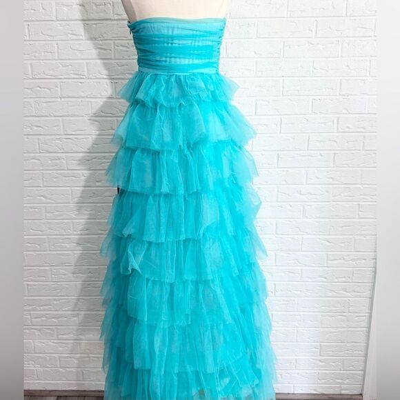 NWT Lulu’s Fabulous Existence Teal Green Tulle Strapless Tiered Maxi Dress Sz M - Picture 7 of 15